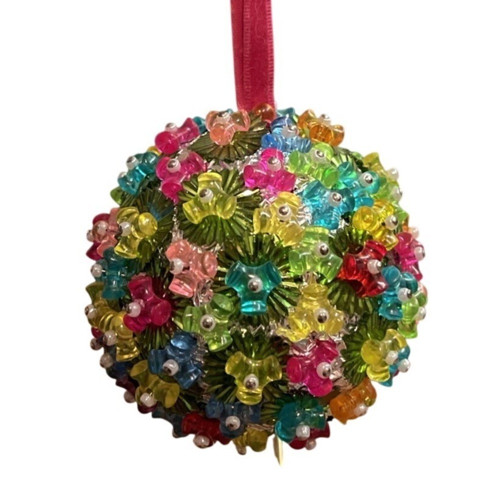Vtg 1970 Rainbow Beaded Sequin Push Pin Christmas Ornament 3" Velvet Hang Green‎